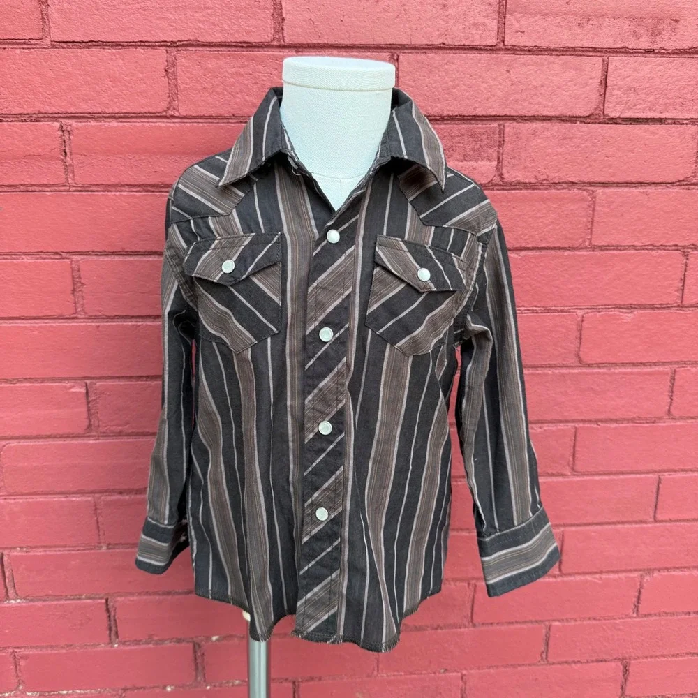 Wrangler Western Shirt Kids Striped Brown Cowboy Long Sleeve Cotton Blend - Picture 1 of 5
